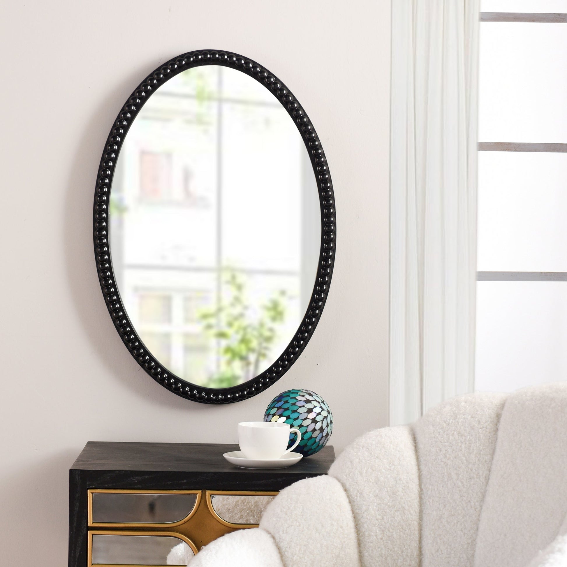Mirror Oval Wooden Beaded Black 25in x 17in by Homeportonline