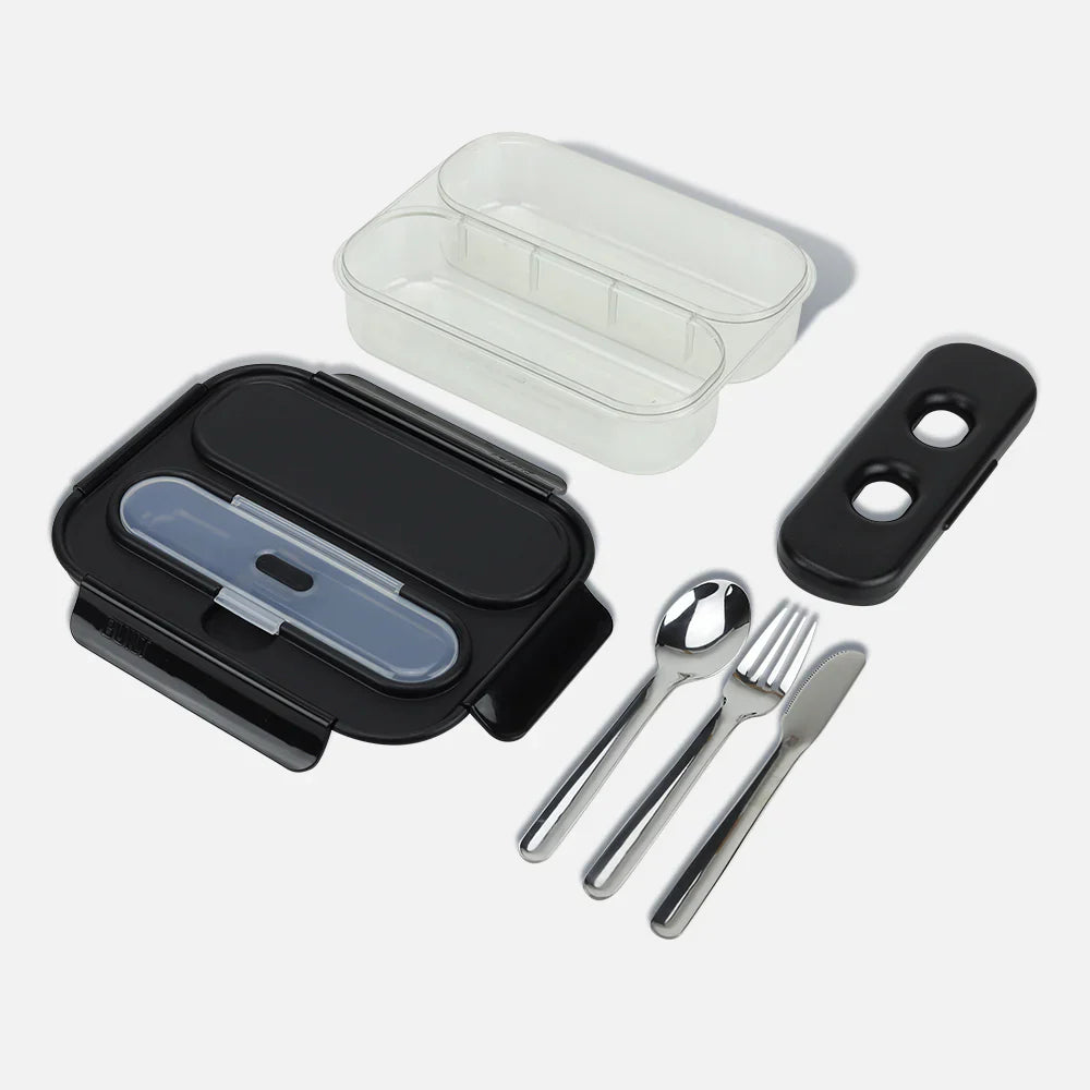 Bento Box - 2 Compartment with Utensils & Ice Pack - Black by Homeportonline
