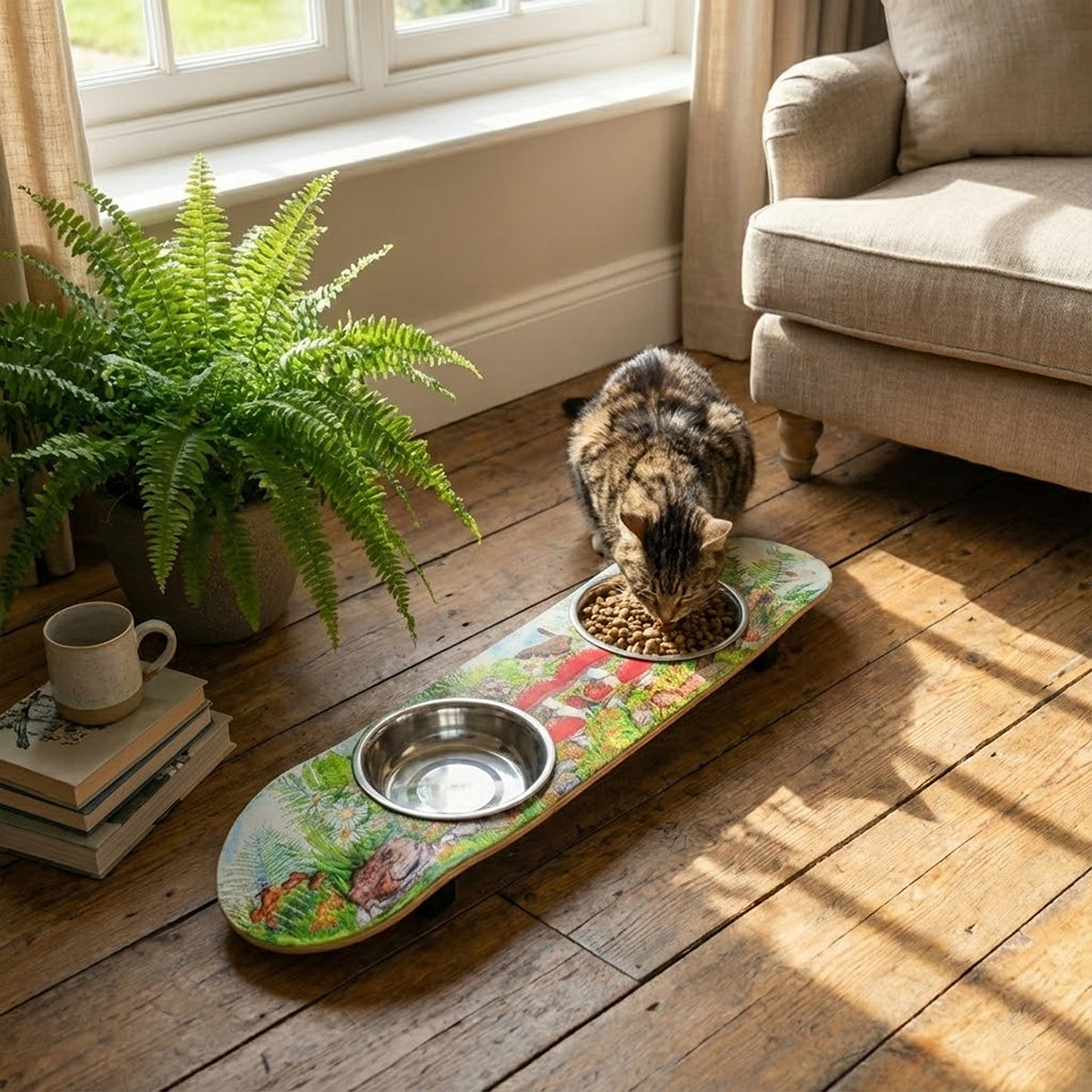 Funky Fungi - Elevated Skateboard Cat Feeding Stand with 2 Bowls