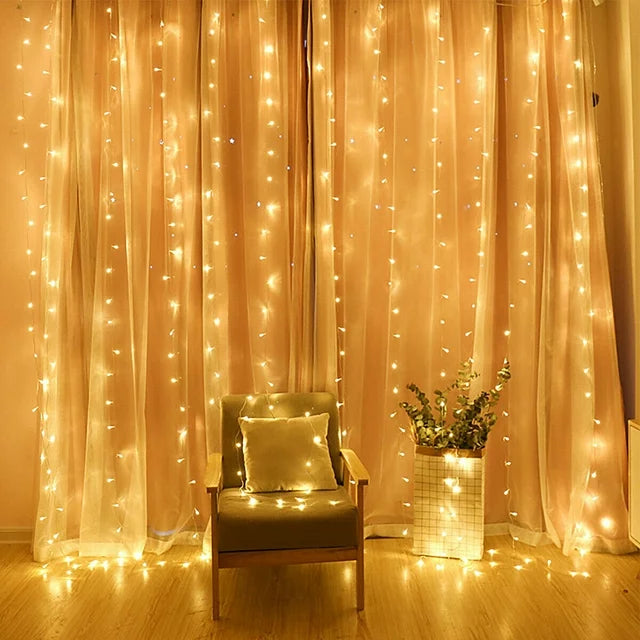 Curtain Lights - 300 LED Clear String Lights 9ft x 9ft Warm White by Homeportonline
