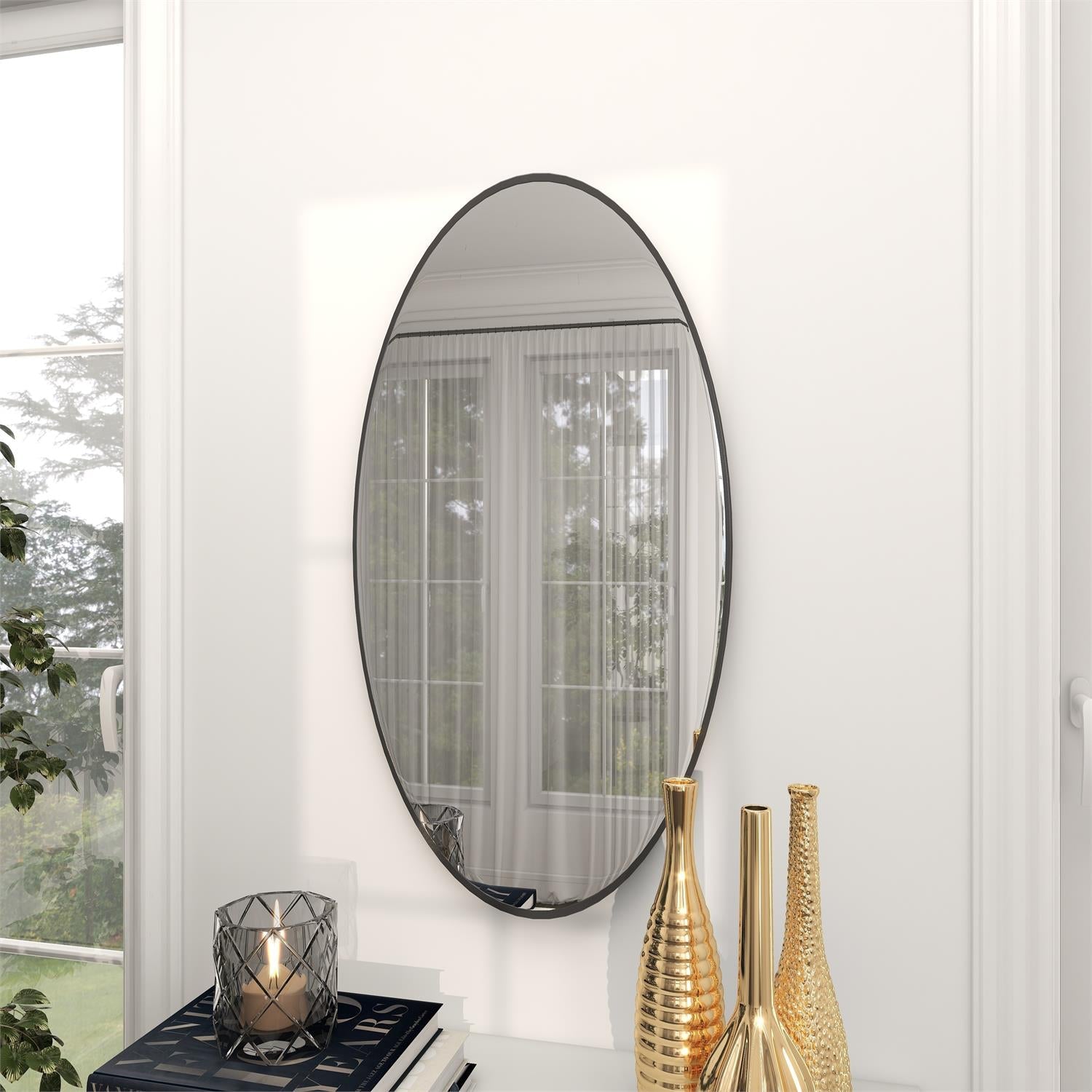 Black Wood Oval Shaped Wall Mirror by Homeportonline