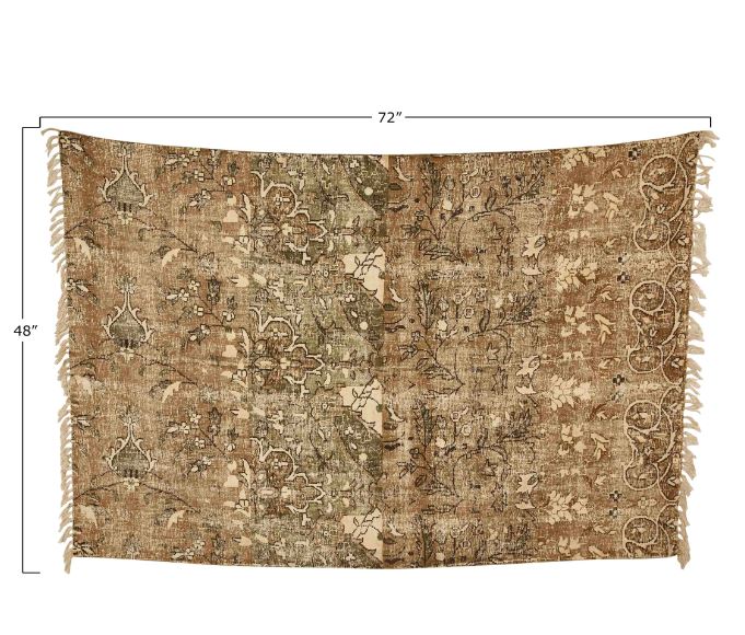 Rug Woven Cotton Distressed Print With Fringe Greens 4' x 6' by Homeportonline