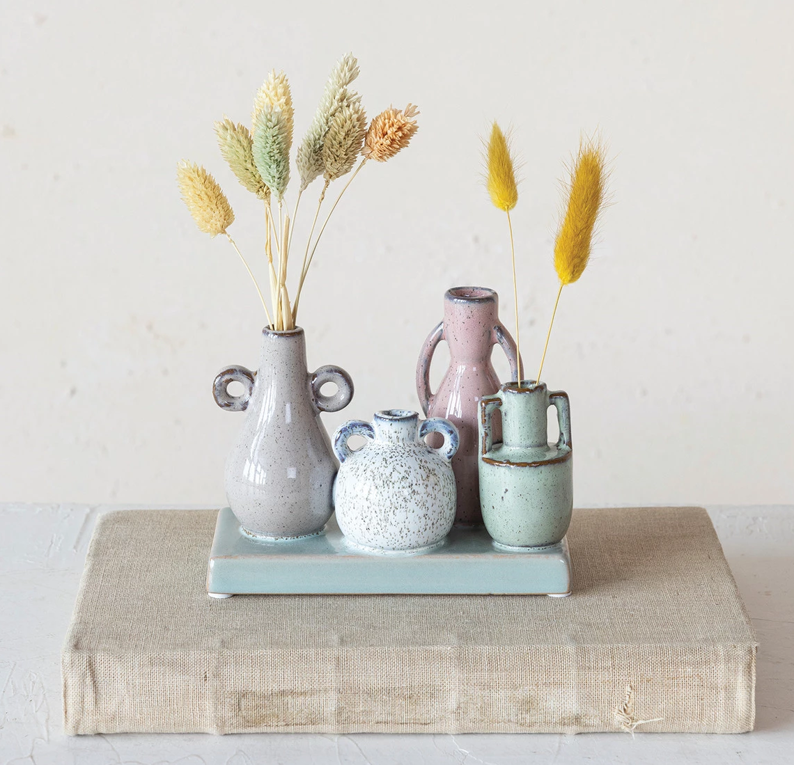 Vases Stoneware Set/4 Mounted on Tray Base Multicolor by Homeportonline