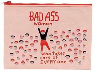 Blue Q Zipper Pouch, Bad Ass Woman Who Takes Care of Everyone. Made from 95% Recycled Material, 7.25"h x 9.5"w, Colorful Chunky Zipper (Pink) (B08C6CGN9W)