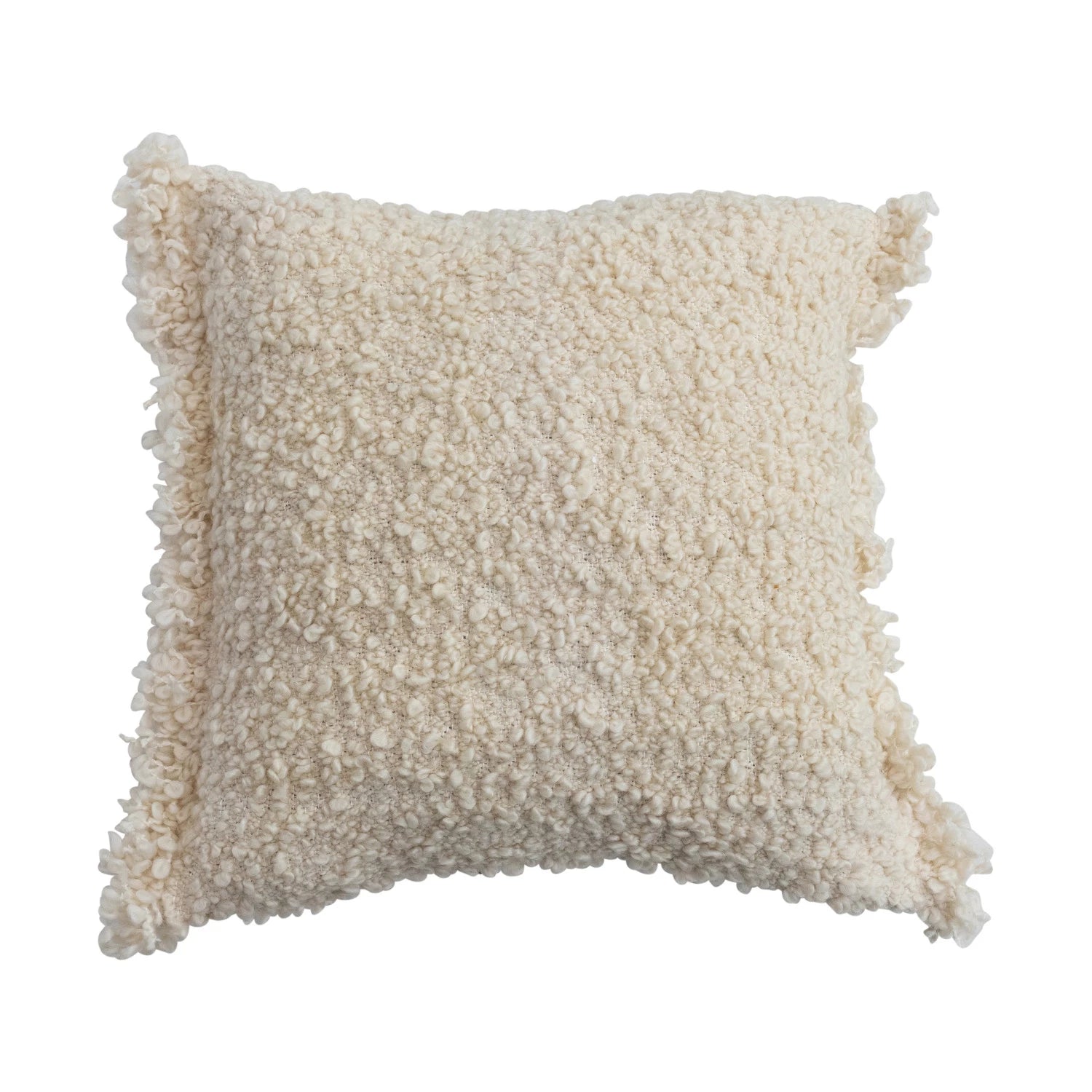 Pillow Boucle Woven w/ Fringe Cream 18" Square by Homeportonline