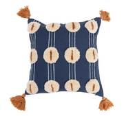 Pillow Cotton Embroidered and Tufted w/Tassels Blue and Tan 16" Square by Homeportonline