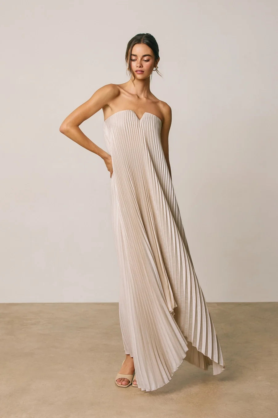 Dress Forum Satin Strapless Pleated Maxi Column Dress