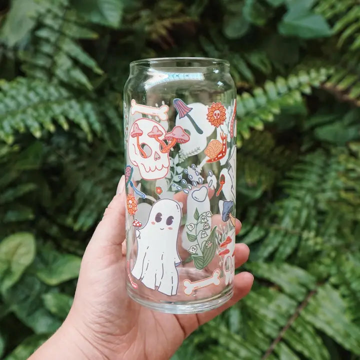 Spooky Garden 20 oz. Can Glass| Ghosts, skulls & mushrooms
