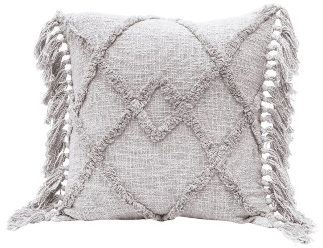 Pillow Tufted Zig Zag & Fringe Cotton Blend Grey 20" Square by Homeportonline