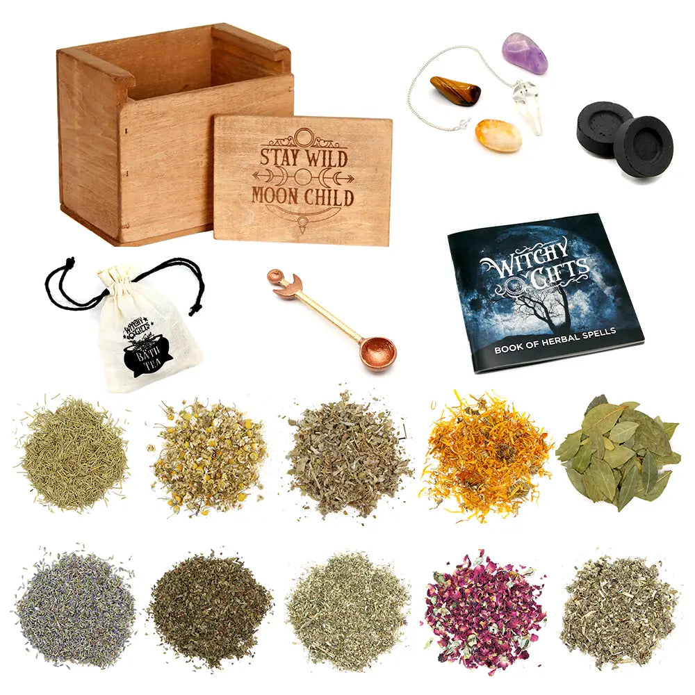Witchcraft Kit with 10 Herbs, Crystals, and Spell book by Wild Lark