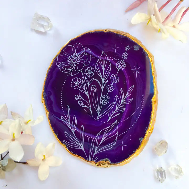 "Moon Blooms" Agate Slice Floral Spring Home Decor Crystal