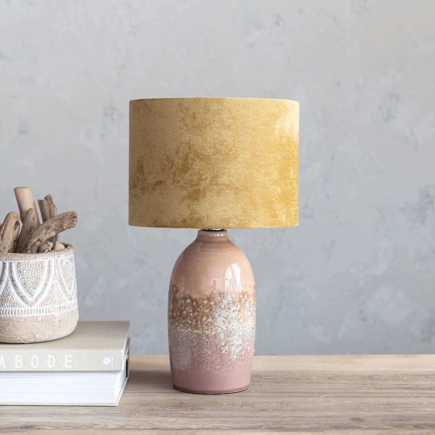 Lamp Tabletop Stoneware Reactive Glaze Velvet Shade Mauve & Mustard 16.5" High by Homeportonline