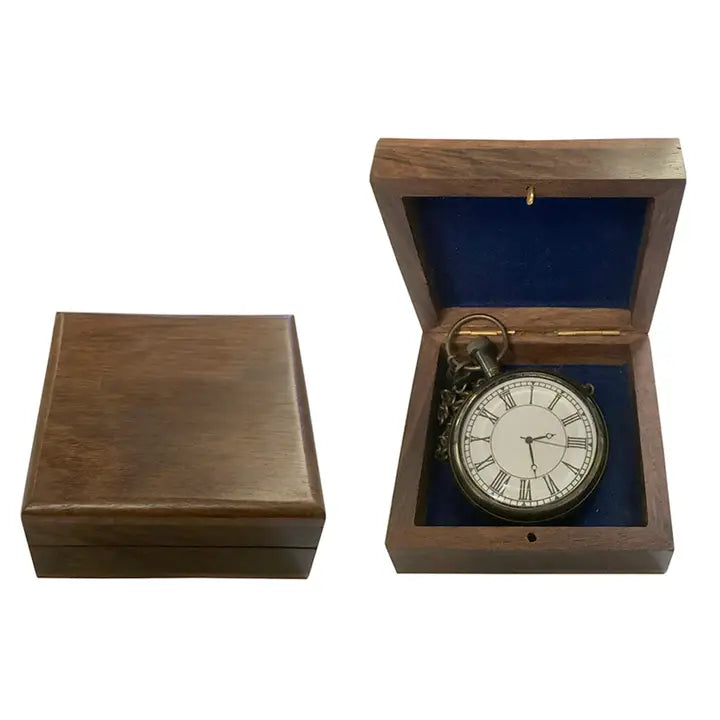 Antiqued Brass Pocket Watch in Vintage Wooden Box