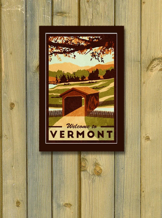 Vermont Vintage Travel Poster | Covered Bridge in Autumn