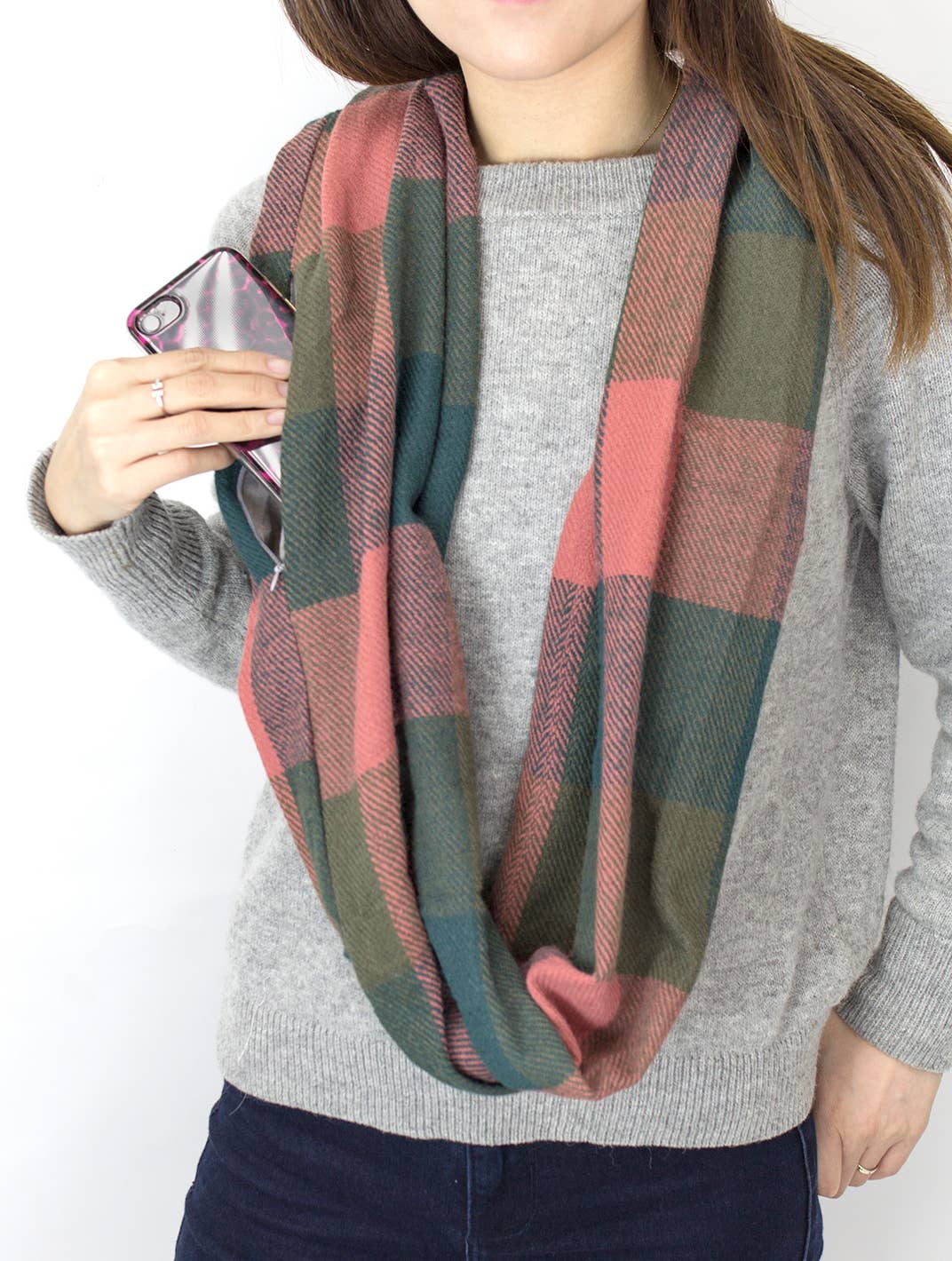 Stylish Plaid Infinity Scarf with Hidden Zipper: Muted Green & Red by SidePony Boutique