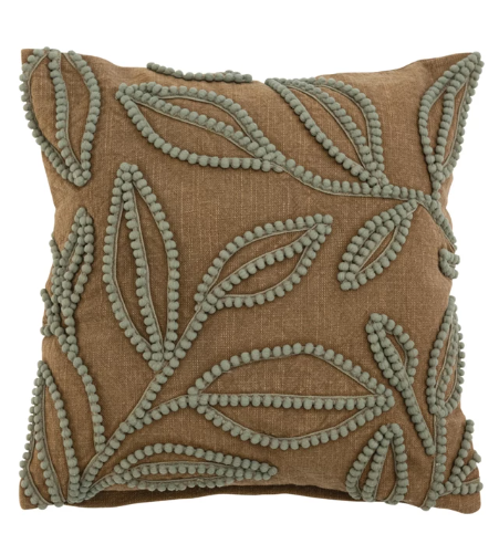 Pillow Cotton Slub With Embroidered Botanical Design Cocoa & Sage 16"Square by Homeportonline