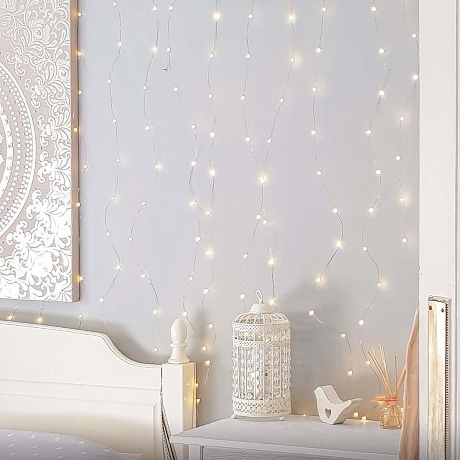 Curtain Fairy Lights - 120 LED Silver String Warm White by Homeportonline