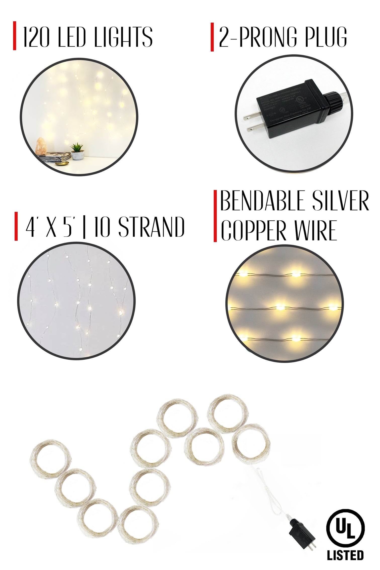 Curtain Fairy Lights - 120 LED Silver String Warm White by Homeportonline
