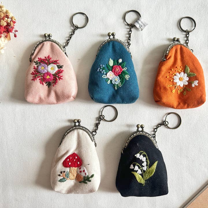 Floral Embroidered Keychain Pouch
