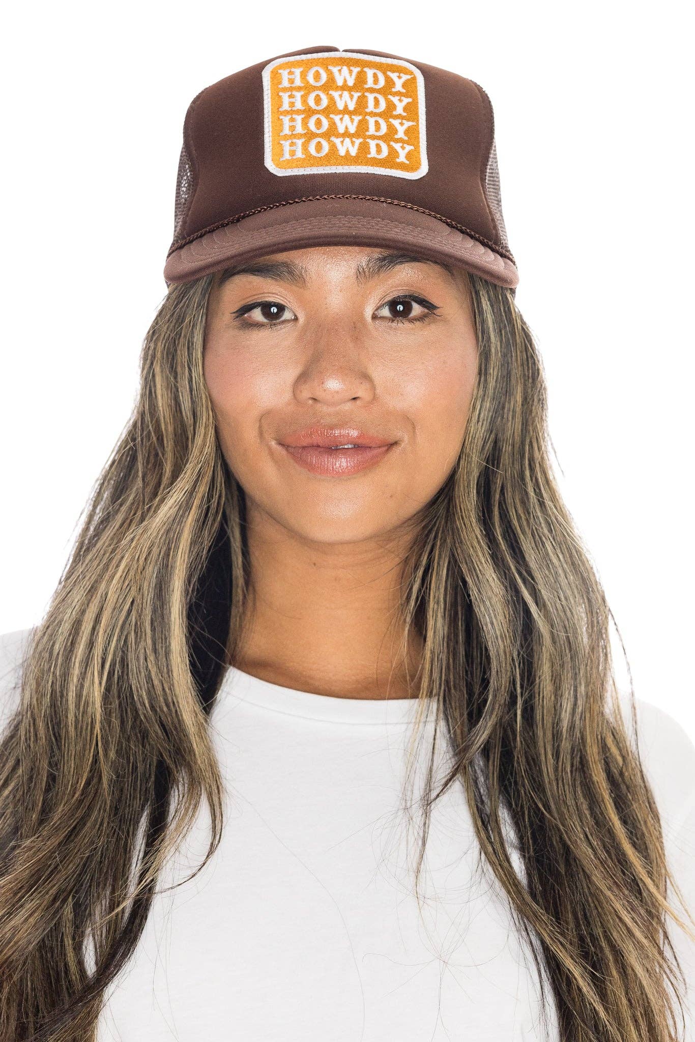 Friday Feelin' Howdy Trucker Hat in Brown by Dear Lucy