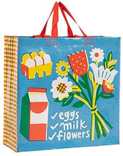 Blue Q Shopper - Eggs, Milk, Flowers. Reusable grocery bag, sturdy, easy-to-clean, 15"h x 16"w x 6"d. Made from 95% recycled material. (B09RLW4KYL)