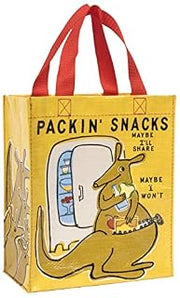 Blue Q Handy Tote, Packin' Snacks, reusable lunch sack or gift bag, made from 95% recycled material, easy to wipe clean, 10"h x 8.5"w x 4.5"d (B07MKP1FPQ)