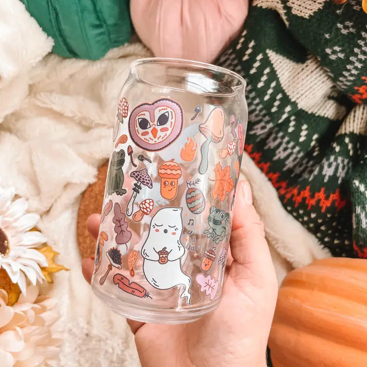 Sale! Haunted Forest Can Glass| Ghosts, owls, toads & acorns