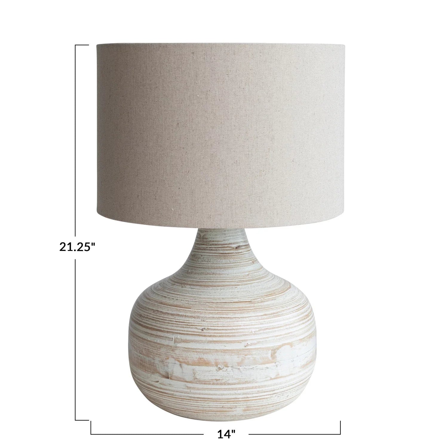 Lamp Tabletop Bamboo Whitewashed With Linen Shade 14" Round x 21-1/4"H by Homeportonline
