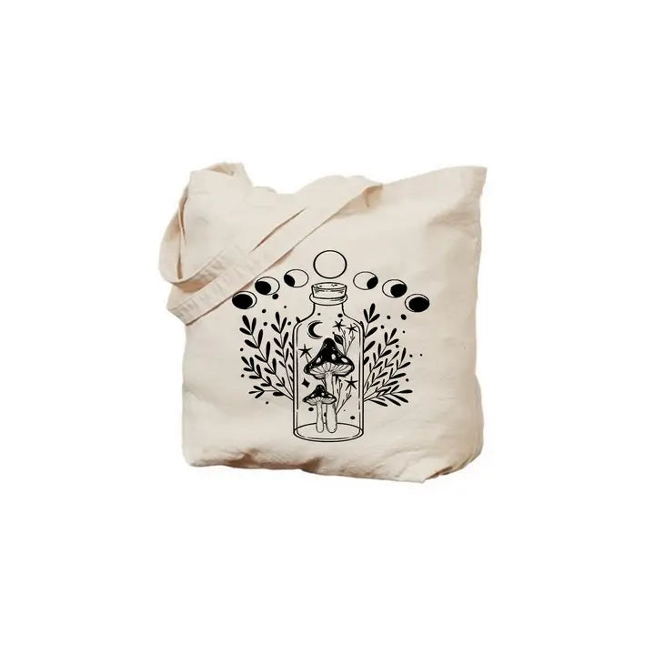Mushroom Magic Botanical Witchy Moon Phase Tote Bag