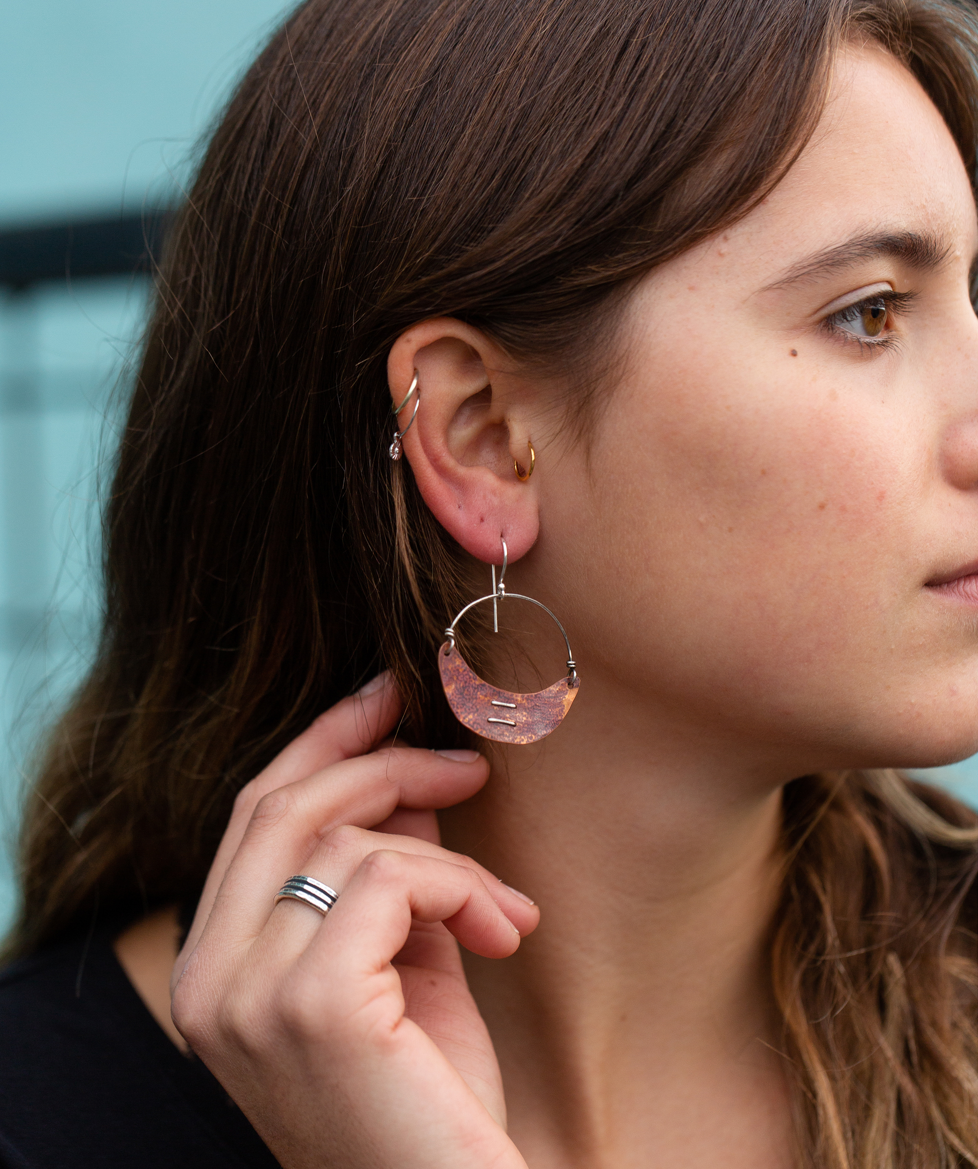 Stitched Copper Crescent Earrings by jenkahnjewelry