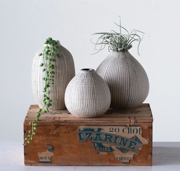 Vase Stoneware Textured Off White & Black Dots 3.5"h by Homeportonline