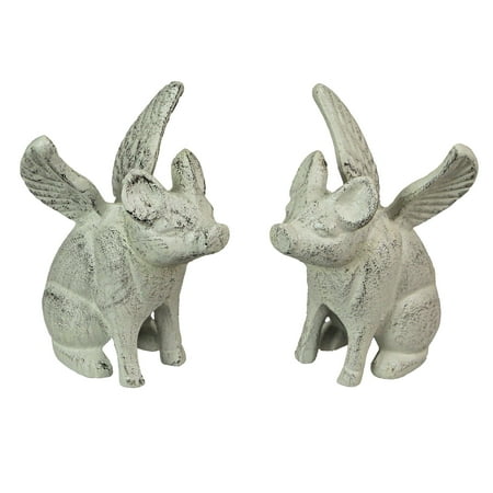 Zeckos White Cast Iron Flying Pig Bookends Home Decor Set of 2