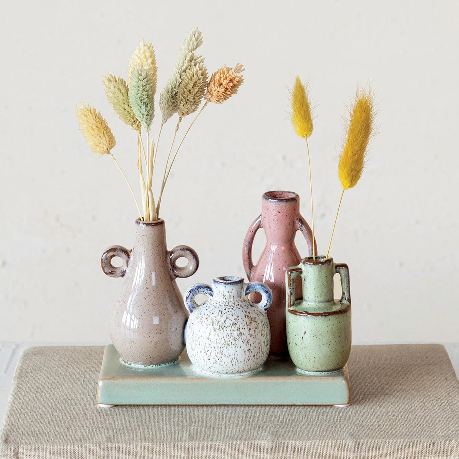 Vases Stoneware Set/4 Mounted on Tray Base Multicolor by Homeportonline