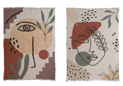 Throw Blanket Cotton Printed Abstract Face Design With Fringe 60"L x 50"W Available in 2 Styles (Sold Individually) by Homeportonline