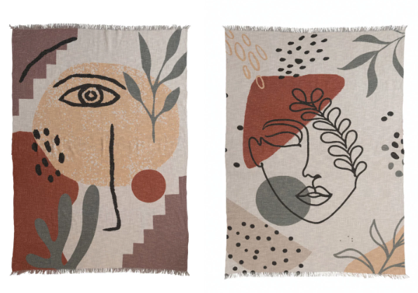 Throw Blanket Cotton Printed Abstract Face Design With Fringe 60"L x 50"W Available in 2 Styles (Sold Individually) by Homeportonline