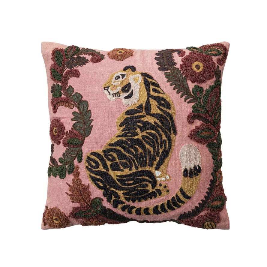 Pillow Cotton Slub Embroidered Tiger and Flowers 20" Square by Homeportonline
