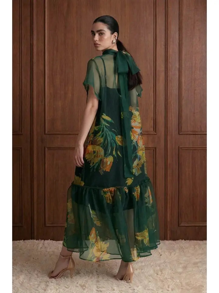 Beulah Style Botanical Print Sheer Overlay Tie-Neck Dress