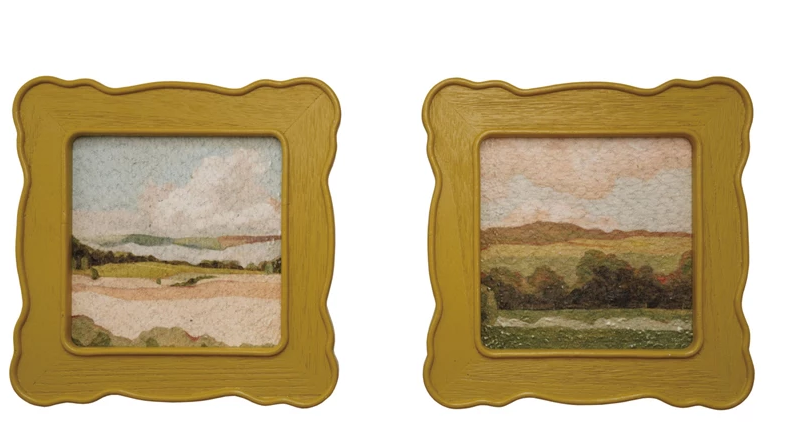 Wall Décor Wood Scalloped Frame Slub Fabric Landscape 2 Styles 11.75" sq. (Sold Individually) by Homeportonline