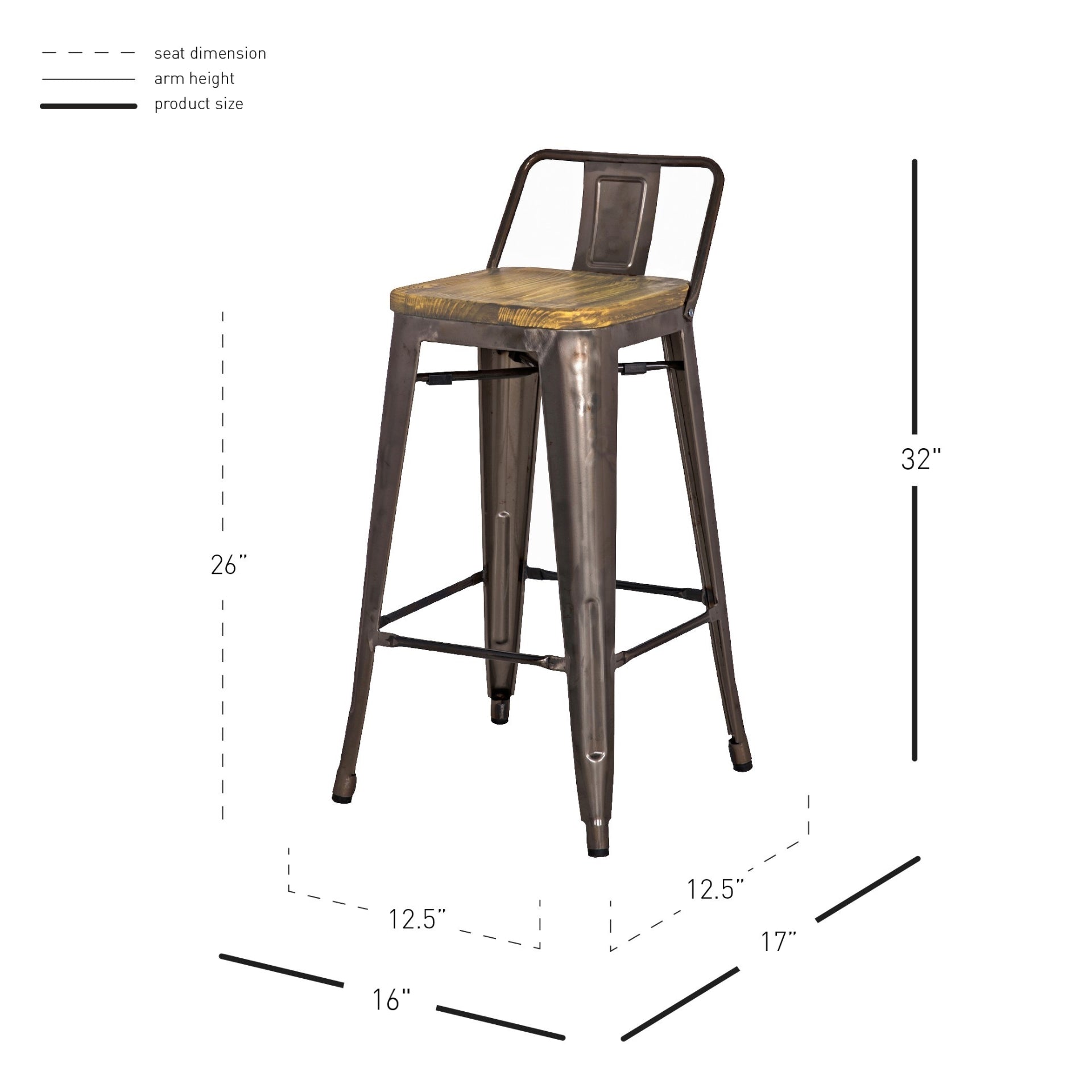 Metropolis Wood Seat Low Back Counter Stool 26in Gunmetal by Homeportonline