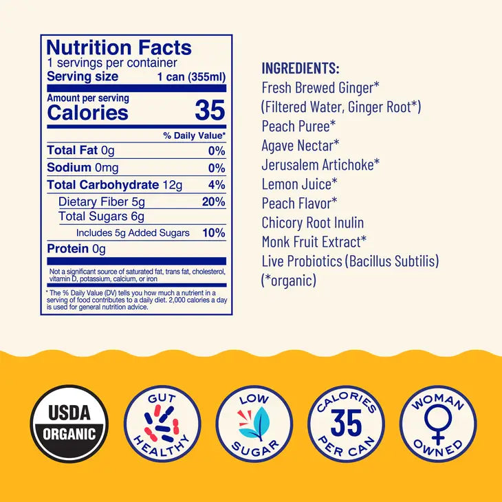 Peach Ginger Sparkling Prebiotic + Probiotic Drink by Wild Lark