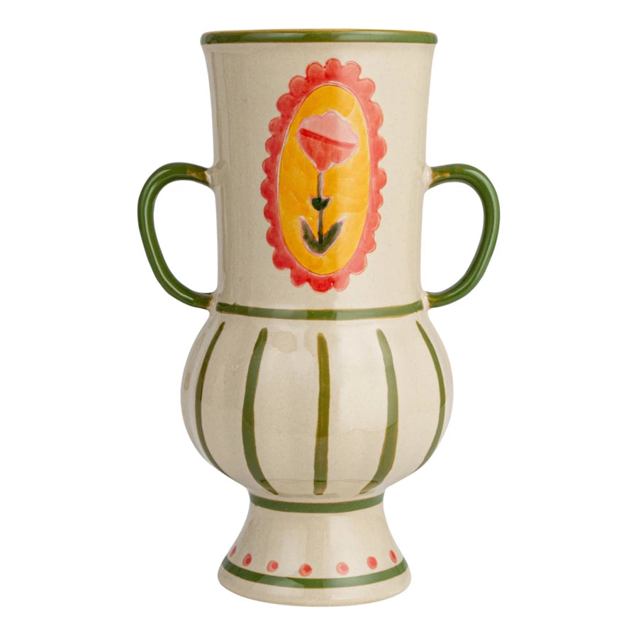 Vase Stoneware Flower & Stripes with Handles 8"h by Homeportonline