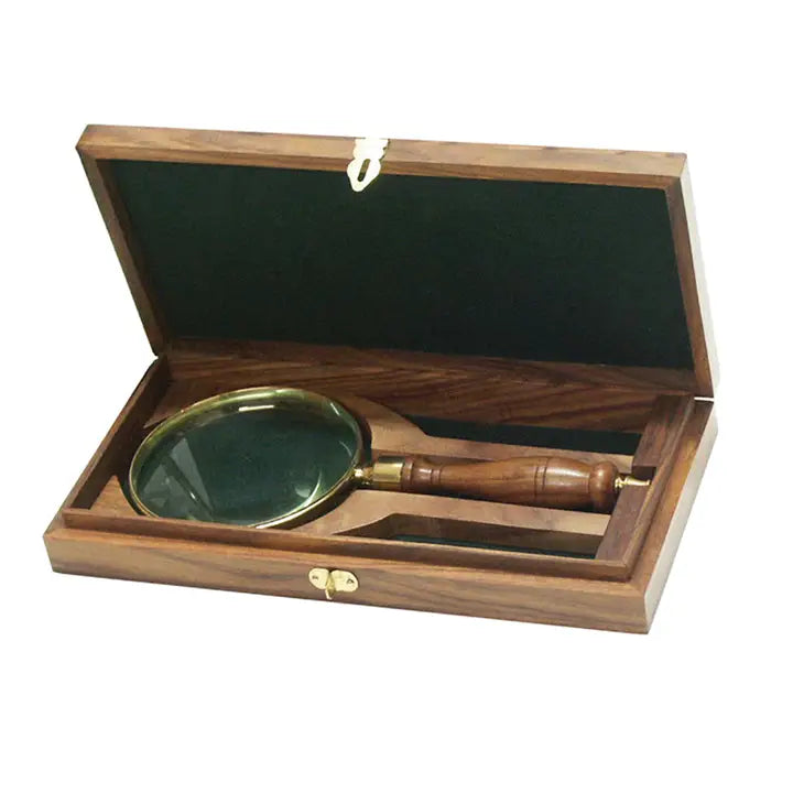 9-1/4" Brass and Wood Magnifier Glass with Storage Case