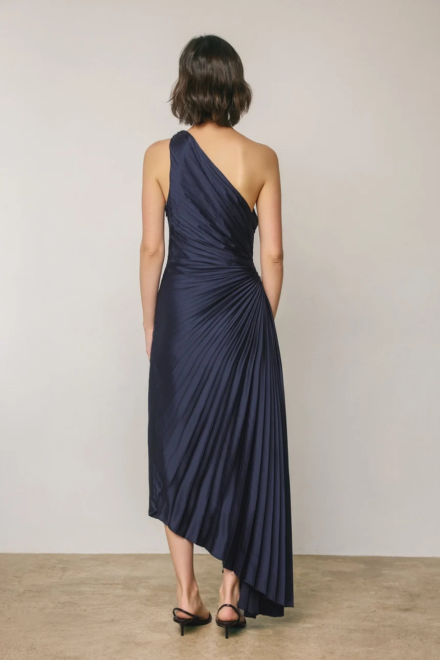 Dress Forum Satin One Shoulder Asymmetrical Pleated Dress