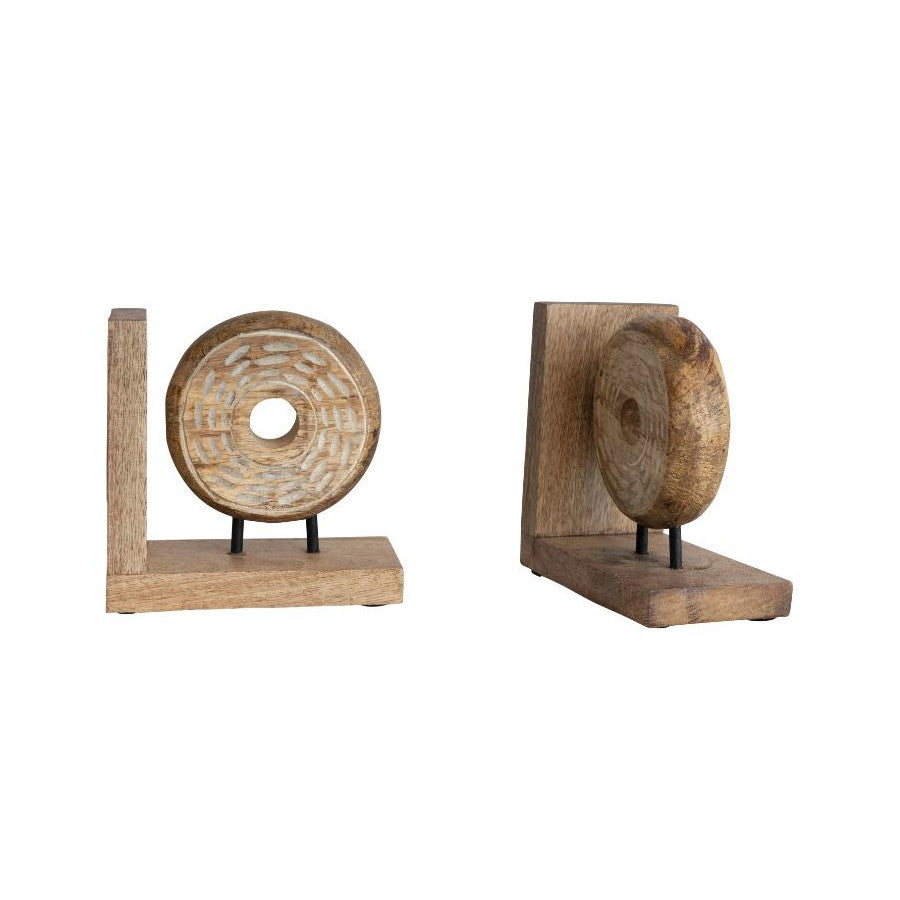 Bookends Mango Wood & Metal Circle on Stand Natural Sold As A Pair 6.5" High by Homeportonline