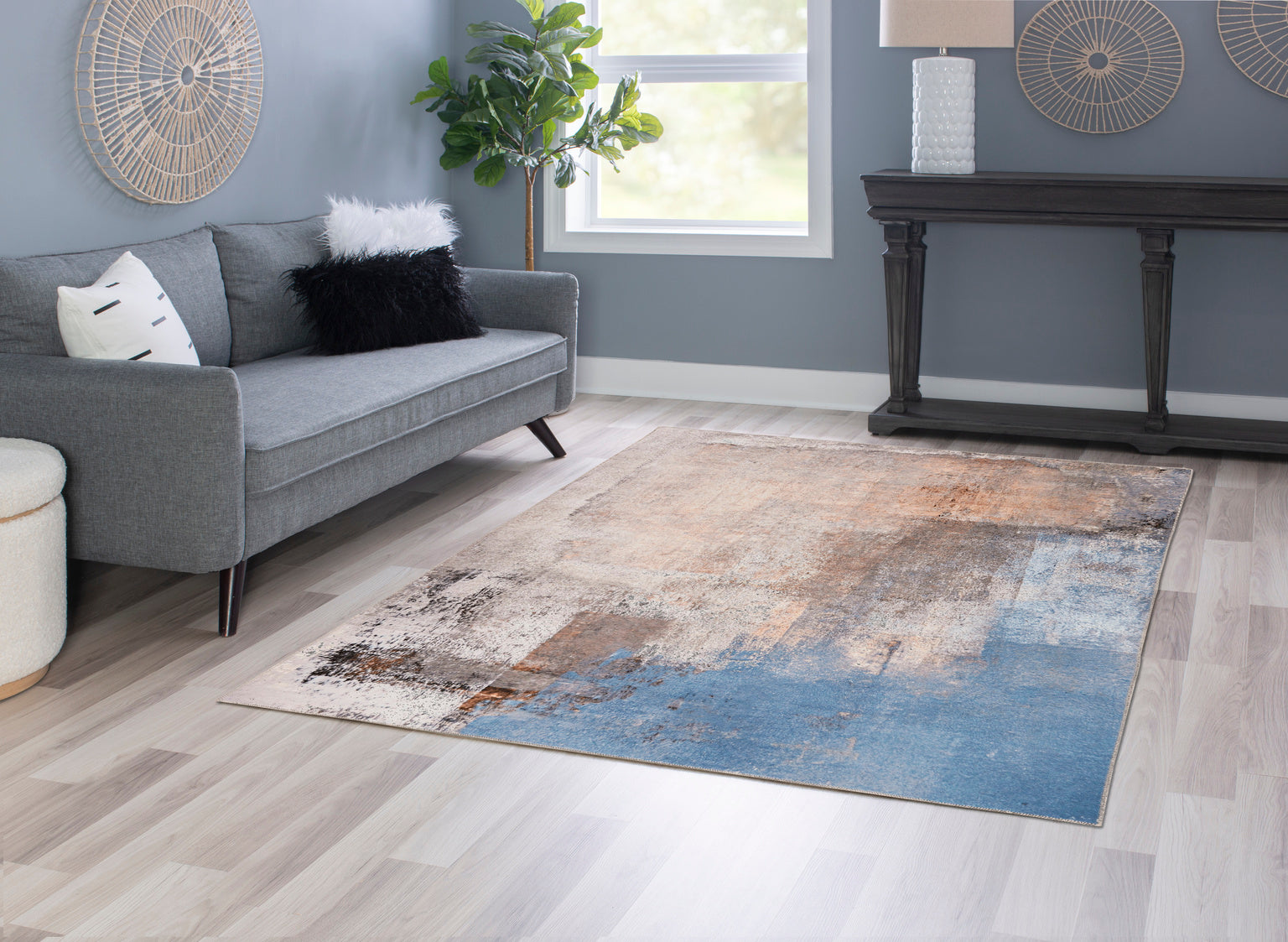 Washable Kyler Beige and Blue Rug 5ft x 7ft by Homeportonline