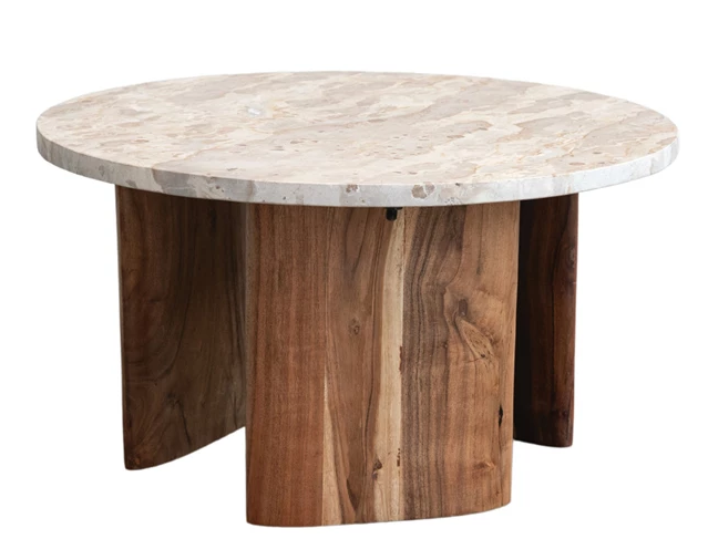 Marble & Acacia Wood Coffee Table 24" Round x 13.25"h by Homeportonline
