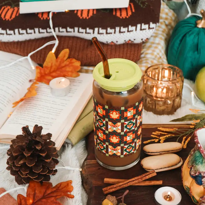 Sale! Autumn Quilt 20 oz. Can Glass| Cozy, Fall, Woodland Forest