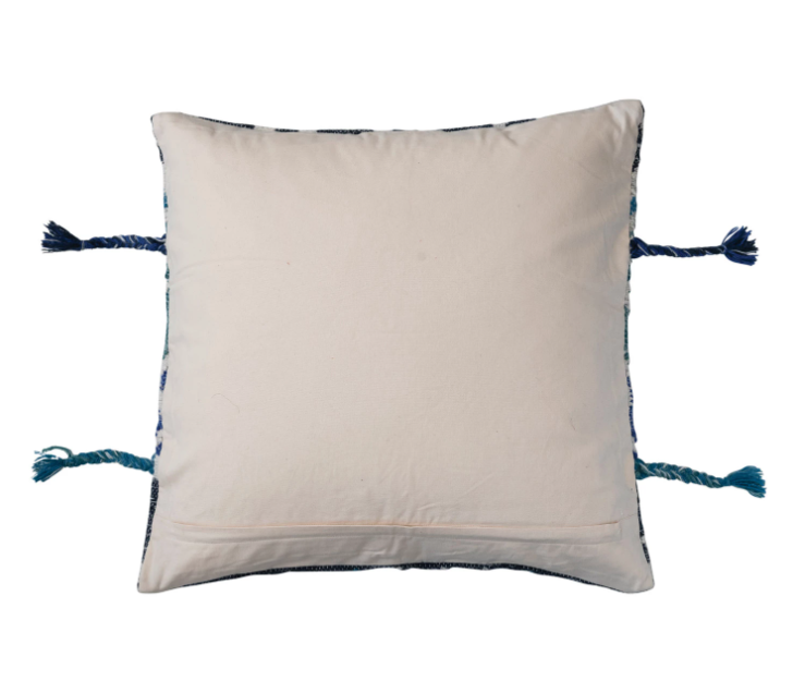 Pillow Woven Cotton & Wool Kilim w/ Braided Tassels Blues and Teals 27" Square by Homeportonline