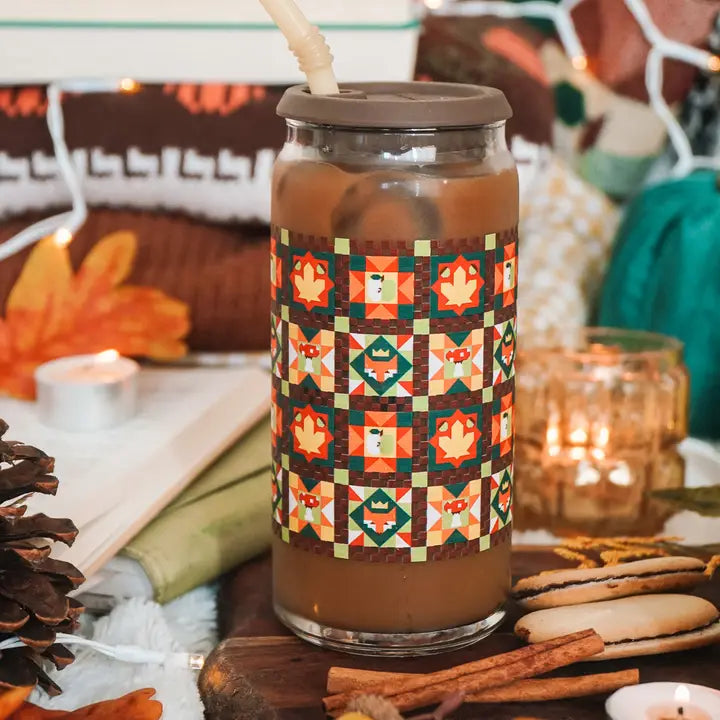 Sale! Autumn Quilt 20 oz. Can Glass| Cozy, Fall, Woodland Forest