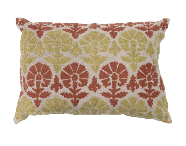 Pillow Lumbar Embroidered Cotton & Chambray Lime & Rust by Homeportonline